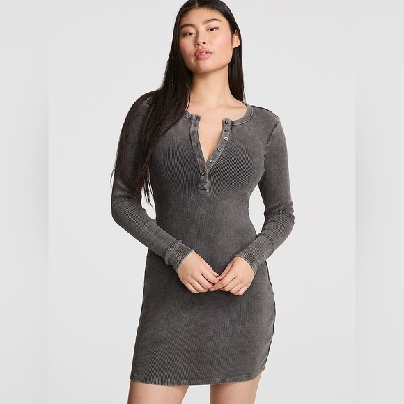 PINK Victoria's Secret Dresses & Skirts - Washed Rib-Knit Long Sleeve Henley Dress - Gray LIKE NEW